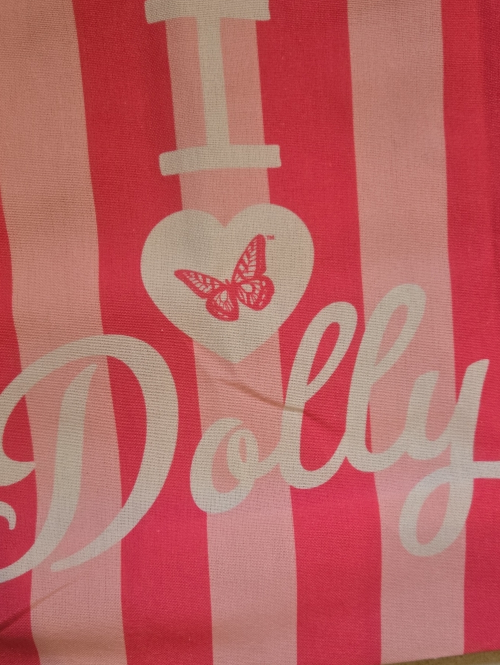 New Dolly Parton Pink Striped "I Love Dolly" Canvas Tote Bag - Picture 2 of 5